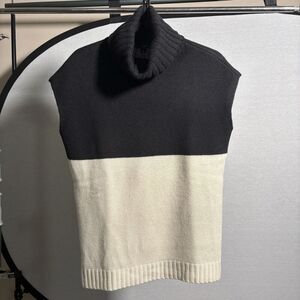 Ann Taylor Sleeveless Sweater Black Cream Cowl Neck Merino Wool Cashmere Bld S